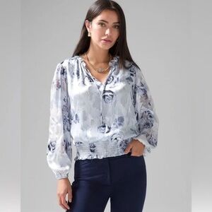 White House Black Market Floral Silk Burnout Smocked Blouse Womens XXS LS